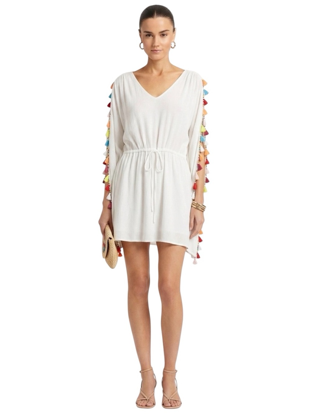 Vanity Fair Boho Tassel Trim Mini Dress XS White V‑Neck Resort Style